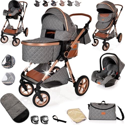 Image of Baby Buggy Pram Pushchair Stroller 3 in 1 Child Lightweight Folding Stroller 3 in 1 Travel System Pram for Newborns & Toddlers from Birth Aluminum (Grey - Rose Gold Frame)