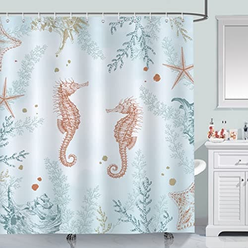 Image of Bonhause Beach Seahorse Shower Curtain 180 x 180 cm Starfish Coral Ocean Coastal Bathroom Curtain Mildew & Mould Resistant Polyester Fabric Bath Curtain with 12 Hooks