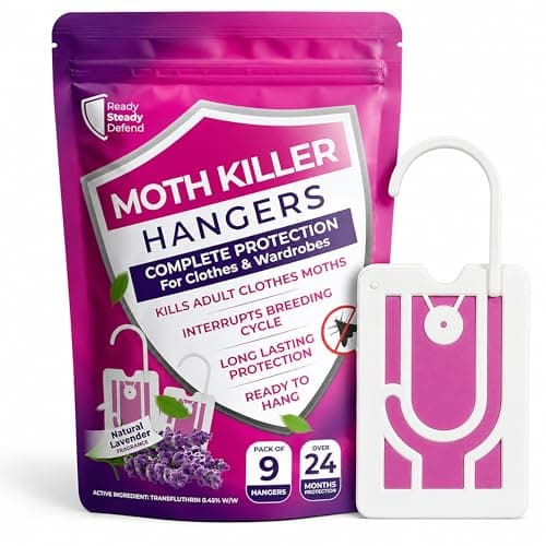 Image of 9-Pack Clothes Moth Killer Hangers for Wardrobes: Clothes Moth Killer | Contains Transfluthrin | Moth Protection for Wardrobes and Drawers | Up to 3 Months Protection per Hanger | Lavender-Scented