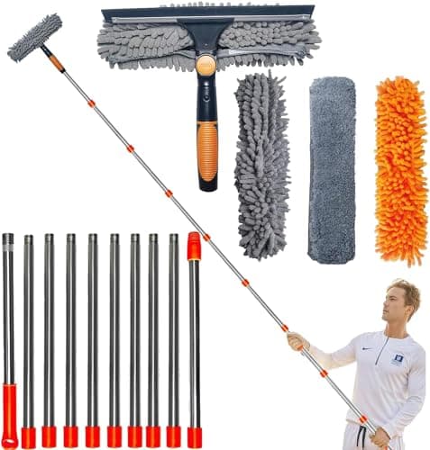 Image of 20 ft+ Reach Squeegee Window Cleaner Duster 2 in 1 Rotatable Window Cleaning Tool Kit with 3-14 ft Extension Pole, Window Washing Equipment for Indoor Outdoor Window Car Glass - 3 Pads
