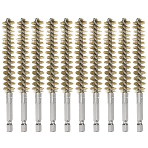Image of sourcing map 10Pcs Brass Bore Brush 12mm Dia 4.5" Long Cleaning Twisted Wire Brush with Handle 1/4" Hex Shank for Tubes Ports Bearings, Yellow
