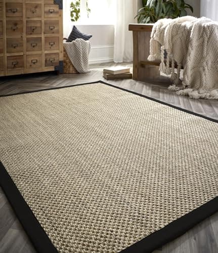 Image of Lord of Rugs Sisal Area Rug with Hand Stitched Border, Non-Slip Durable Natural Modern Bordered Carpet for Living Room, Hallway Flatweave Rug Light Beige/Black Border, Small 80 x 150 cm (2'6"x5')