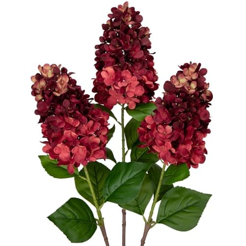 Image of Briful 3PCS Autumn Artificial Flowers Fake Hydrangea Silk Flowers 27.5" Tall Artificial Hydrangea, Dark Red Artificial Flower Silk Hydrangea Long Stem for Floral Arrangement Autumn Decorations