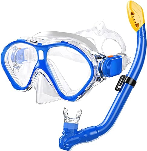 Image of Gintenco Kids Snorkel Set, Dry Top Snorkel Mask Anti-Leak for Youth Junior Child, Anti-Fog Snorkeling Gear Free Breathing,Tempered Glass Swimming Diving Scuba Goggles 180° Panoramic View (Blue)