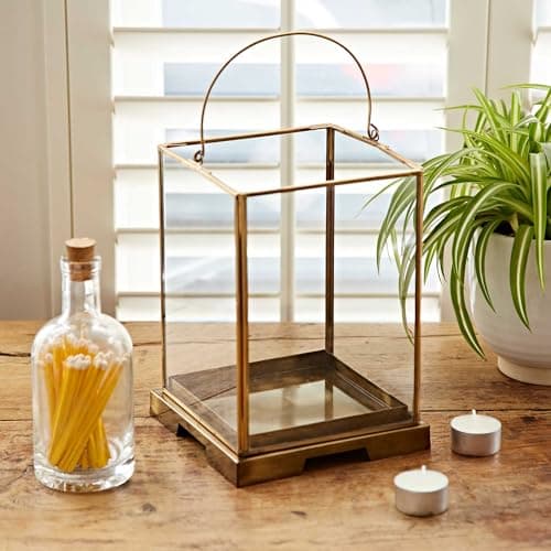 Image of Handmade Antique Effect Brass Candle Lantern - Hurricane Candle Holder for Pillar Candles - Decorative Candle Lanterns Indoor Outdoor - Wedding Centerpieces for Tables (Large)