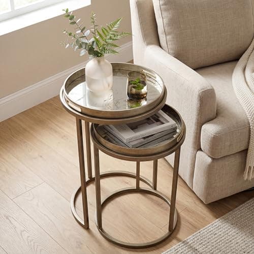 Image of Maison Des Cadeaux Nesting Round Side Tables- Anitique Silver with Marble Effect Top Tray set of 2