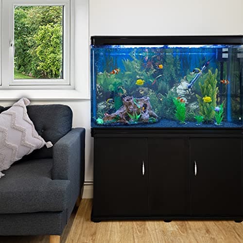 Image of MonsterShop Large Fish Tank Black 4ft 300L 65 Gal Aquarium Marine Tropical Saltwater Freshwater. Black Cabinet Storage Stand. Blue Gravel. Filter, Air Pump, Heater, LED Light Tank Accessories…