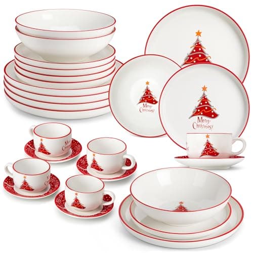 Image of MALACASA 30-Piece Christmas Tree Dinner Set for 6 People, Complete Ceramic Crockery Set with Dinner Plates/Dessert Plates/Soup Bowls/Cup and Saucer Set, Dishes Set for Holiday Feasts/Family Meals