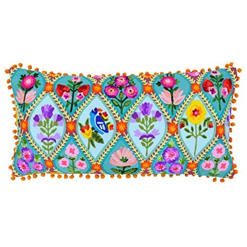 Image of Riva Paoletti Marino Cushion Cover Multicoloured Embroidered Floral Geometric Design Contrasting Orange Pompom Edges 100% Cotton 30 x 60cm (12" x 24" inches)