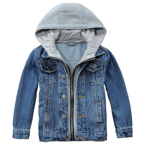 Image of Boys' Hooded Denim Jacket Zipper Jeans Jacket 𝐅ake Two Piece Jeans Hip Ho𝐩 Top Y2𝐤 Streetwear Outerwear Girls Coat Slim Outerwear Stylish Clothing (Blue, 13-14 Years)