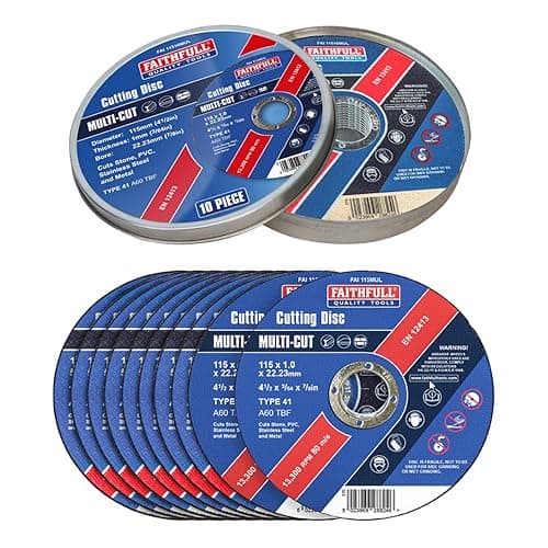 Image of Faithfull Extra Thin 1mm Fast Cut Cutting Discs – 115mm x 1mm x 22.23mm (4.5 inch) Multi-Cut Disc, 10 Pack with Storage Tin