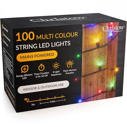 Image of CHRISTOW Christmas Fairy Lights, Multi-Coloured LED String Lighting with Timer, Indoor & Outdoor, Tree Lights, 8 Light Modes Flashing & Static, Green Cable (100 LED / 10m Lit Length)