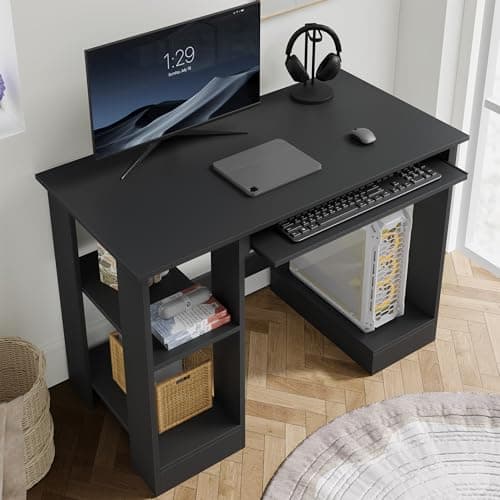 Image of Blisswood Computer Desk, Small Home Office Desk with Storage Shelves & Sliding Keyboard Tray, Corner Writing Desk for Small-Space, Study, PC Gaming and Workstation Furniture (Black, 100 x 55 x 75cm)