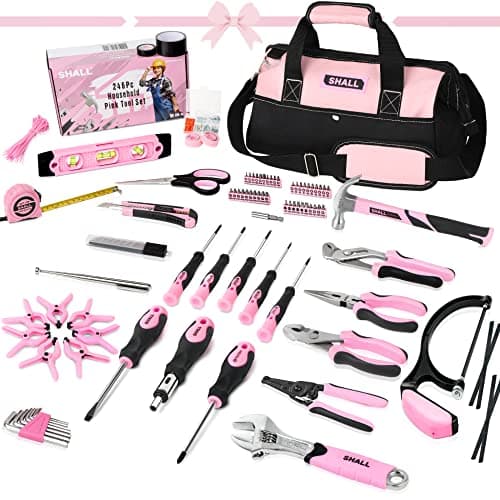 Image of SHALL Pink Tool Set, 246-Piece Home Tool Kit for Women, Ladies Basic Tool kit for House with 14”Wide Mouth Open Tool Bag, General Household Hand Tool Set for Home Repair, Maintenance and Improvement
