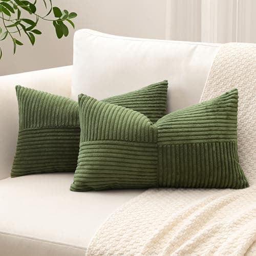 Image of Sungeek Set of 2 Decorative Cushion Covers 30 x 50cm Soft Corduroy Striped Cross Patchwork Textured Pillow Covers Solid Lumbar Throw Pillow Cases for Sofa Bed Patio 12x20 Inch, Olive Green