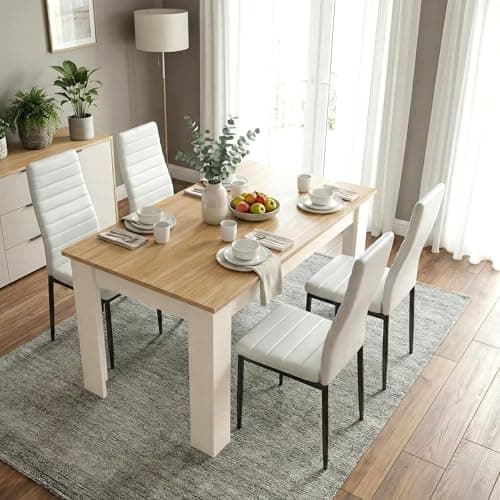 Image of Blisswood Dining Table and 4 Chair Set, PU Leather Chairs, 17mm Thick Table Tabletop 120x80cm, kitchen table, Modern Design Wooden dining Table Set for Home furniture (Cream & Pine, White Chair)