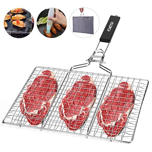 Image of ACMETOP Portable BBQ Grill Basket, Stainless Steel Fish Grill Basket with Removable Handle, Perfect for Grilling Vegetables, Fishes, Shrimp - Bonus a Grill Mat, Sauce Brush and Carrying Pouch (M)