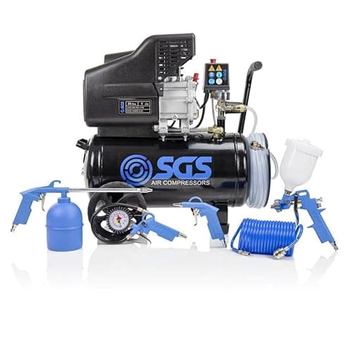 Image of SGS 24 Litre Direct Drive Air Compressor with Integrated Hose Reel & 5 Piece Tool Kit – Portable Air Compressor for DIY and Workshop Use, 2.5HP, 9 CFM, 116 PSI