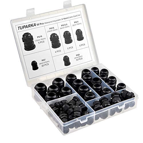 Image of TUPARKA 50 Pack Cable Gland Waterproof Adjustable 3-16mm Cable Connectors PG7 PG9 PG11 PG13.5 PG16 PG19 Plastic Cable Gland Joints with Gaskets in PP Box