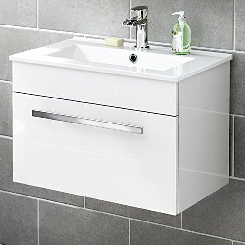 Image of iBathUK Avon Wall Hung Vanity Unit with Basin, Slim Edge Ceramic Wash Basin for Bathroom Furniture, Storage Cabinet with 2 Doors- Gloss White (Flat Pack)