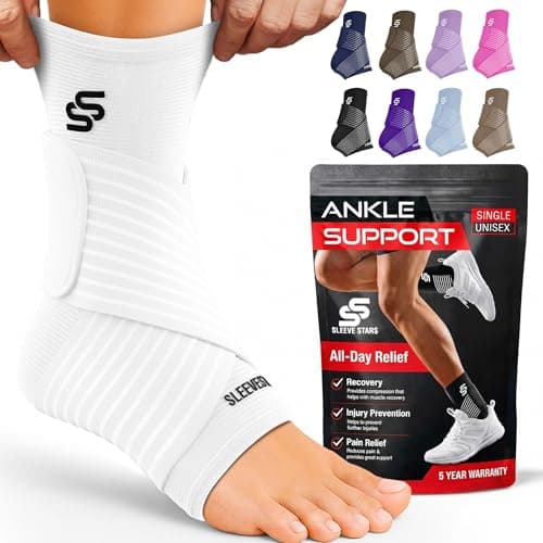 Image of Sleeve Stars Ankle Brace for Women & Men, Ankle Wrap for Sprained Ankle, Compression Sleeve for Plantar Fasciitis Relief, Easy Customizable Support: w/Removable Strap (Single/S:9"-10"/White)