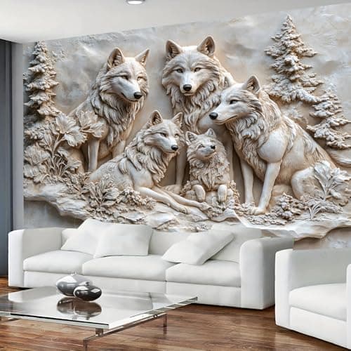 Image of FENDROM 3D Printed White Wolf Family Tapestry,Embossed Wolfs Winter Wall Hanging,Fantasy Wild Animals Tapestries Backdrop for Bedroom Living Room Dorm Decor Gift Ideas