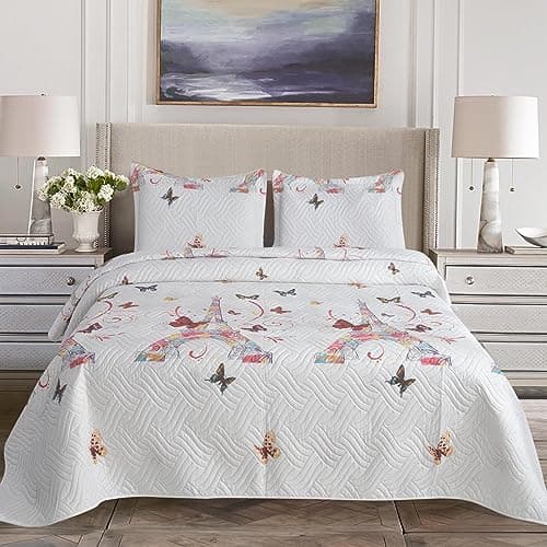 Image of BOSKI LONDON 3 Piece Quilted Patchwork Bedspread with 2 Shams | Reversible Floral King Size & Double | Lightweight Microfiber Quilt | 220x240cm (Butterfly Grace)