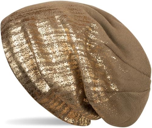 Image of styleBREAKER Warm fine-Knit Beanie with Metallic Print and Fleece Lining, Slouch Long Beanie, Unisex 04024132, Colour:Brown/Gold