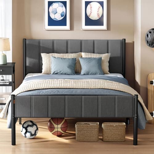 Image of VASAGLE Double Bed Frame, 135 x 190 cm, with Upholstered Headboard, Metal Bed Frame, 500 kg Weight Capacity, Easy Assembly, Slate Grey RMB976G02