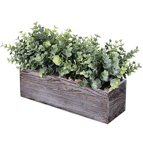 Image of Faux Eucalyptus Plants in Rustic Rectangular Wood Planter Box Artificial Eucalyptus Greenery Arrangement Potted Plant in Dusty Green for Wedding Centerpiece Office Room Table Windowsill Décor