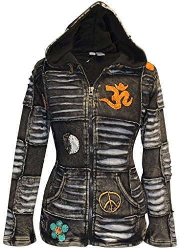 Image of SHOPOHOLIC FASHION Women Black Fleece Lined Om Ribbed Gothic Jacket Ladies Festival Hippie Hoodies [XL]