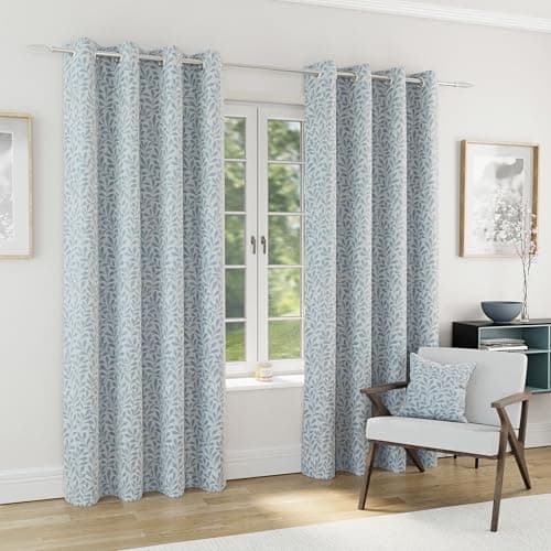 Image of Enhanced Living Sherwood Ice Blue Jaquard Leaf Design Eyelet 100% Blackout Curtains 90 x 72 inch (229x183cm) Thermal Noise Reducing Eyelet Curtains for Bedroom and Living Room