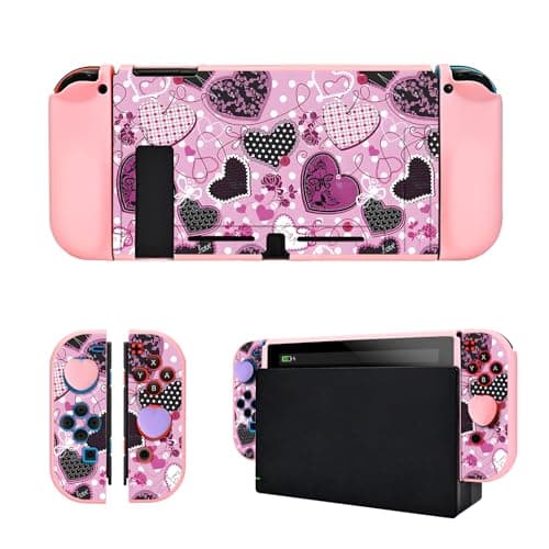 Image of DLseego Protective Case for Switch,Love Heart Theme Protector Soft Shell Anti Yellow Skin with 2 Handle Cover and 2 Thumb Grip Caps,Vintage Floral