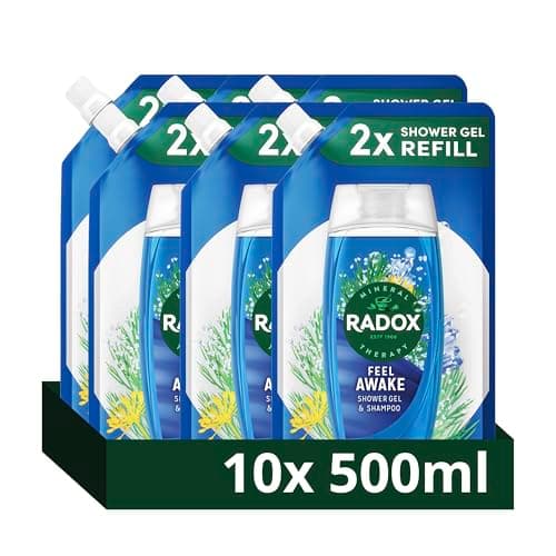 Image of Radox Mineral Therapy Feel Awake Refill Pouch Body wash 2-in-1 shower gel & shampoo with a sea mineral & fennel fragrance for a refreshing shower experience 10x 500 ml