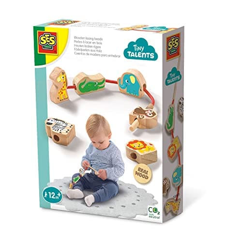 Image of SES Creative 13141 Wooden Lacing Beads - Animals - The Length of The Thread Allows Children to use it Safely; Age 12m+