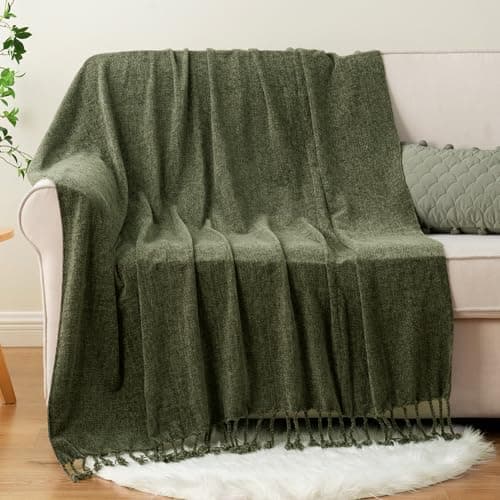 Image of BATTILO HOME Olive Green Throw Blanket for Couch Bed Sofa, Soft Cozy Chenille Throw Blanket with Fringe Tassels, Lightweight Knit Throw Blankets for Home Decor, 130×150cm