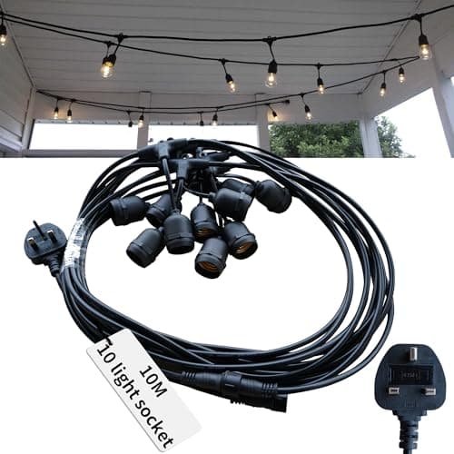 Image of KarlpaSW Festoon Lights Outdoor Mains Powered 10M/33FT,String Lights Connectable in Series Max Load 800W.IP65 Weatherproof 10 E27 Sockets for Outside Garden Patio Party(Bulb Not Included)