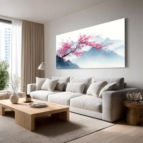 Image of Japanese Style Cherry Blossom Canvas Wall Art Large Landscape Mountain Modern Pictures, Painting Framed Watercolor Tree Branch Wall Decorations for Living Room Bedroom Garden Hallway 60x120 cm