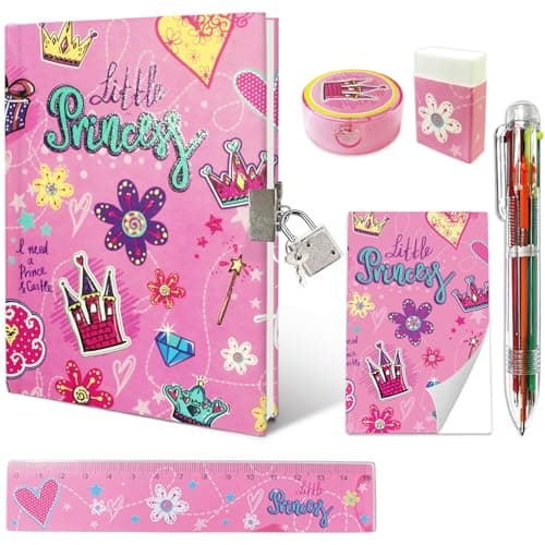 Image of Princess Secret Diary for Girls, 6pcs Stationary for Girls Gifts incl. Diary with Lock Multicolor Pen Memo Ruler Eraser Sharpener Kids Notebook Journal for Girls Birthday Presents Age 5-10 Year