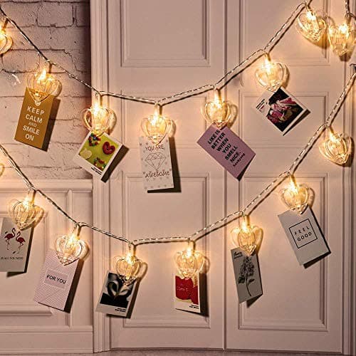 Image of Gimartuk 20 LED Warm White Photo Clip String Lights Heart Battery Powered 20 Clips Hanging Photo Display Peg Fairy Xmas Light for Bedroom Wedding Party Indoor Outdoor Decoration (Heart)