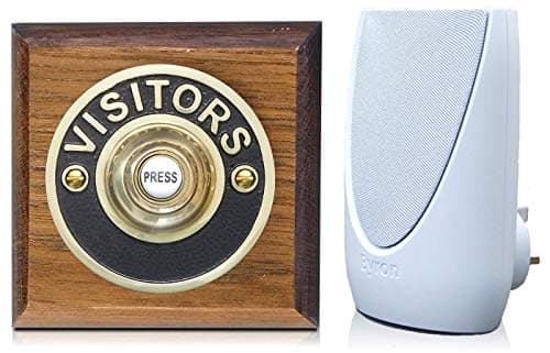 Image of Byron 100m Wireless Period Plug-in Doorbell kit Push on Plinth (Tudor Visitor Brass)