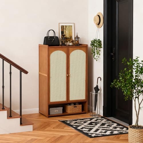 Image of Warmiehomy Shoe Cabinet, Shoe Storage with 2 Doors for Hallway, Shoe Rack Cabinet Freestanding 7-Tier Shoe Storage Cabinet for Entryway, Living Room, Brown