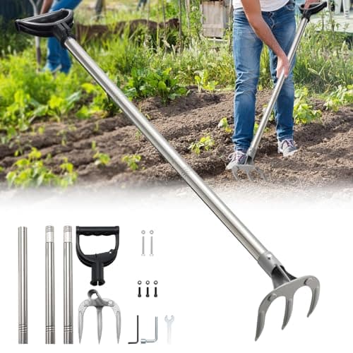 Image of Garden Rake 3 Prongs for Digging, 110 cm, Adjustable Long Handle Hoe with Extension, Heavy Garden Hoe for Weeding & Loosening for Garden, Lawn and Yard Work