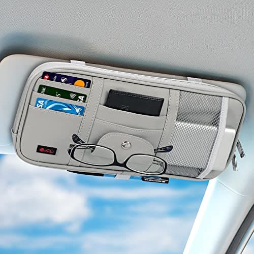 Image of Vinsani Car Sun Visor Auto Truck Interior Pouch Pocket Accessories Organiser PU Leather Anti-Slip Holder Multi-Pocket Storage For Sunglasses Registrations Cards Cables – Grey