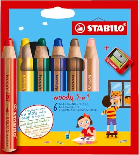 Image of STABILO woody 3-in-1 - Multi-Talented Pencil - Pack of 6 - Assorted Colours with Sharpener