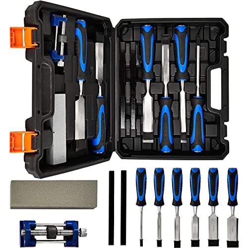 Image of 10-Piece Wood Chisel Set, Bevel Edge Wood Carving Chisel, Soft Grip with Strike Cap Set for Woodworking, Cr-V Construction Heavy Duty Chisel with Honing Guide, Sharpening Stone, Pencil & Storage Case