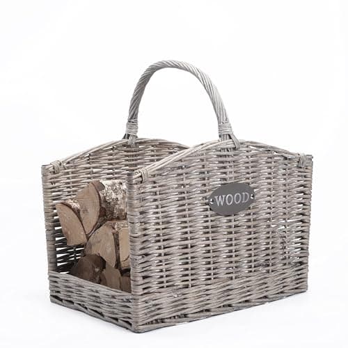 Image of Wickerfield Wicker Log Basket, Grey Firewood Basket With Handle, Rustic Fireside Wood Storage Basket For Fireplace, Wood Burner And Kindling (Set (L+M))