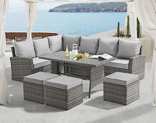 Image of EVRE 9 Seat Marilyn Corner Sofa & Dining Rattan Garden Furniture Set for Indoor Outdoor Patios Gardens Conservatories (Grey)