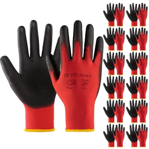 Image of Velway 12 Pairs Safety Work Gloves - Firm Grip Gardening Gloves Non-Slip PU Coated Lightweight Breathable Protective Mechanic Builders Working Gloves Men Women for General Duty Work Red (Size 8/M)