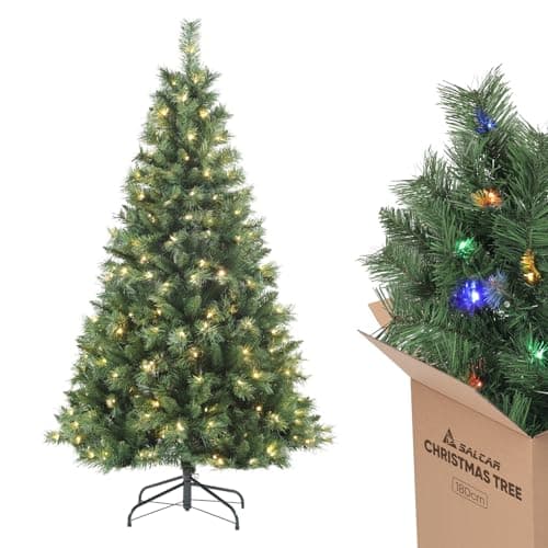 Image of SALCAR 6ft Pre-lit Christmas Tree with Remote Control – 9 Lighting Modes, 580 PVC Tips, 250 Warm White & Multicolor LED Lights, Quick Setup for Effortless Holiday Decorations